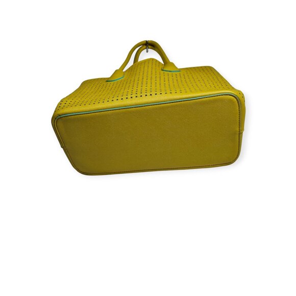 Big Buddha Yellow Perforated Tote Handbag Turquoise Lining Built-In Wallet - Picture 3 of 8